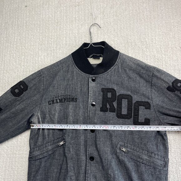 Rocawear Jacket Dark Denim Varsity Bomber Embroidered Sports Y2K Retro Men M - Picture 8 of 15